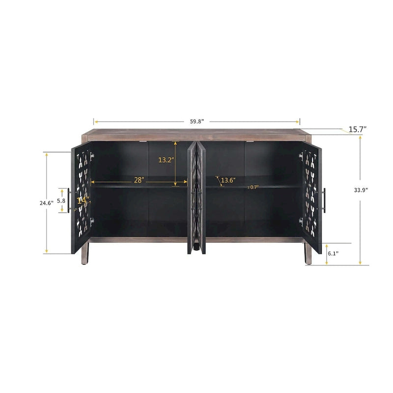 Four Door Hollowed Floral Wood Accent Cabinet Antique Finish