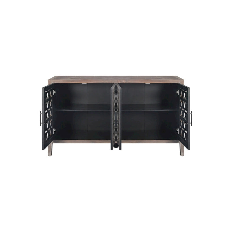 Four Door Hollowed Floral Wood Accent Cabinet Antique Finish
