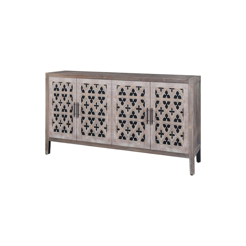 Four Door Hollowed Floral Wood Accent Cabinet Antique Finish