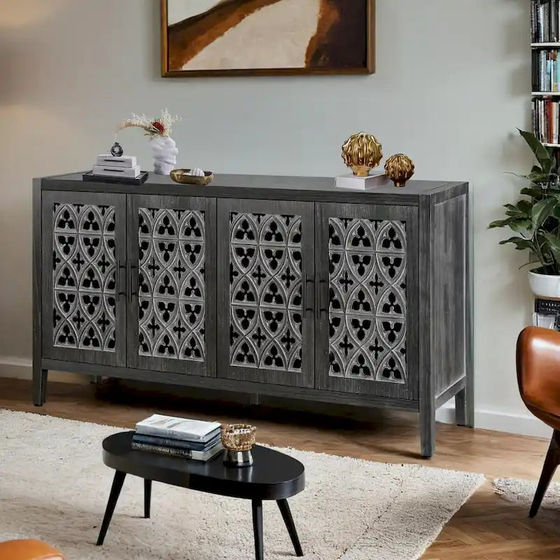 Four Door Hollowed Floral Wood Accent Cabinet Antique Finish