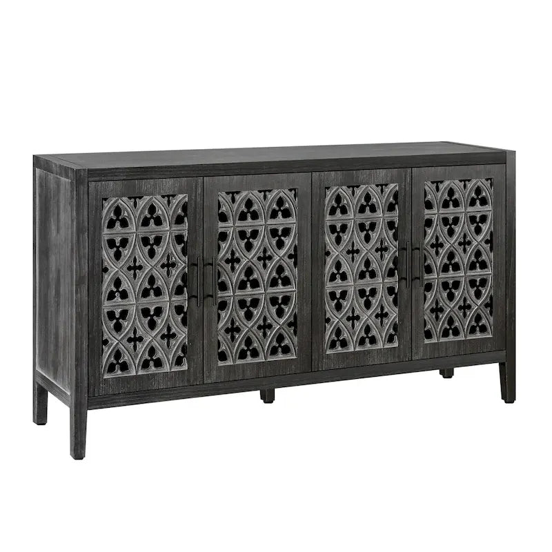Four Door Hollowed Floral Wood Accent Cabinet Antique Finish