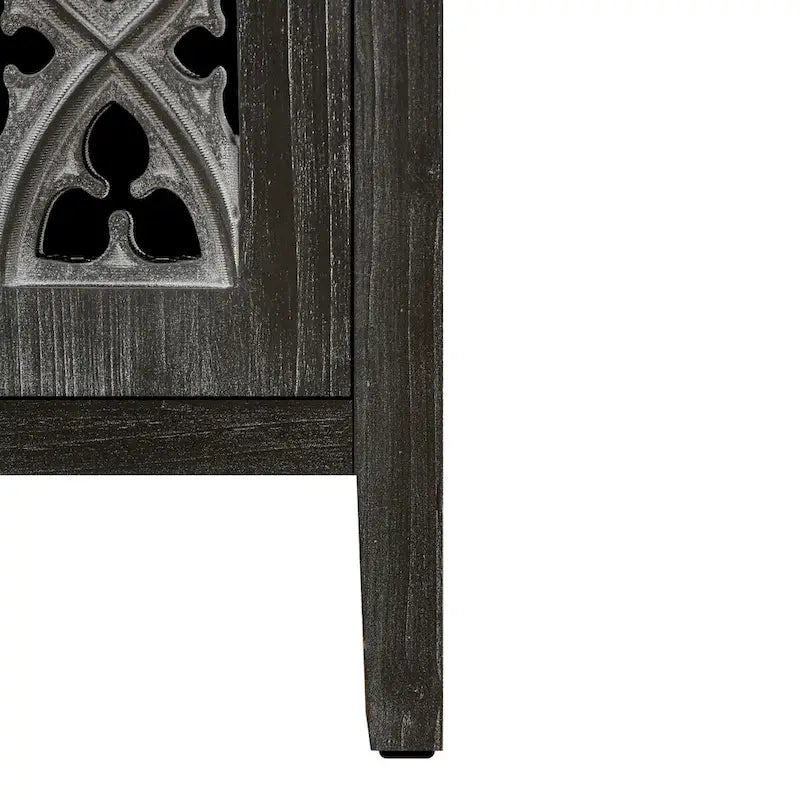Four Door Hollowed Floral Wood Accent Cabinet Antique Finish