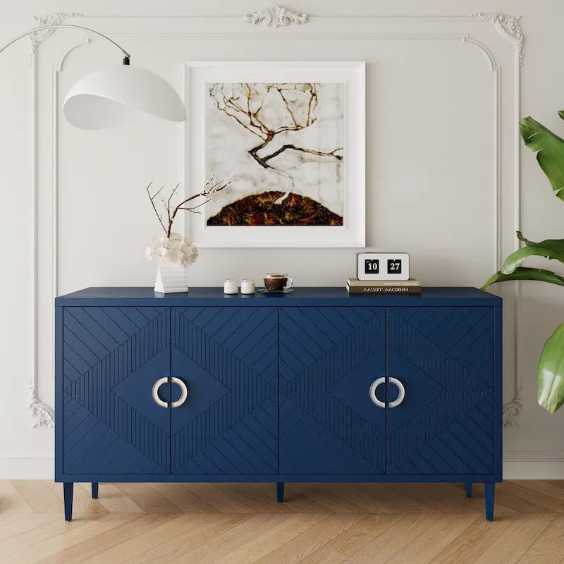 4-türiges MDF-Sideboard-Buffet mit Türen mit skulpturierten Paneelen, Blau/Grau