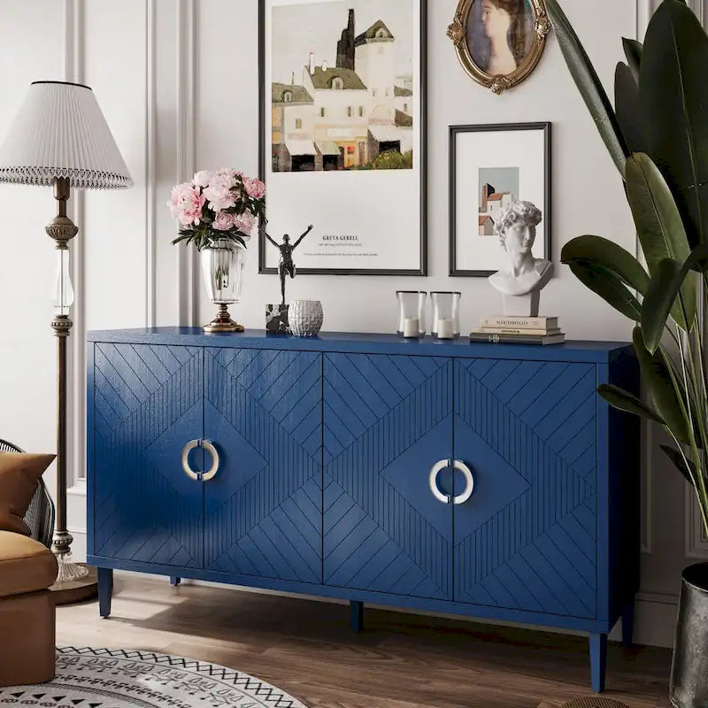 4-türiges MDF-Sideboard-Buffet mit Türen mit skulpturierten Paneelen, Blau/Grau