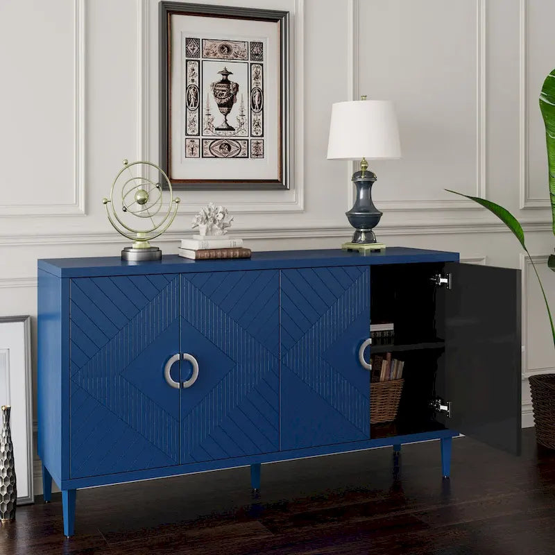 4-türiges MDF-Sideboard-Buffet mit Türen mit skulpturierten Paneelen, Blau/Grau