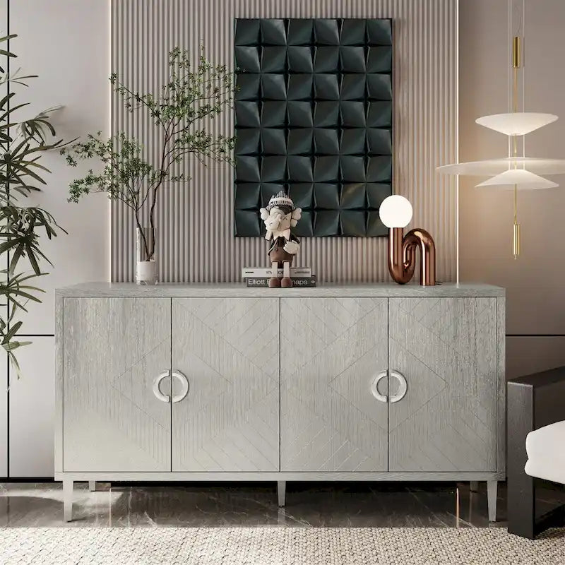 4-türiges MDF-Sideboard-Buffet mit Türen mit skulpturierten Paneelen, Blau/Grau