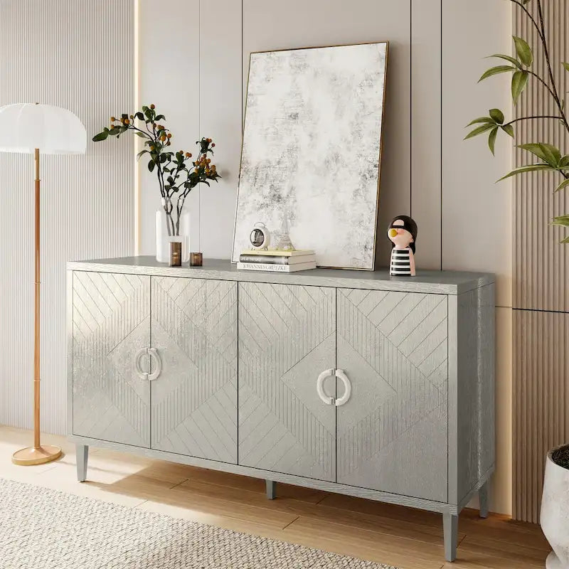 4-türiges MDF-Sideboard-Buffet mit Türen mit skulpturierten Paneelen, Blau/Grau