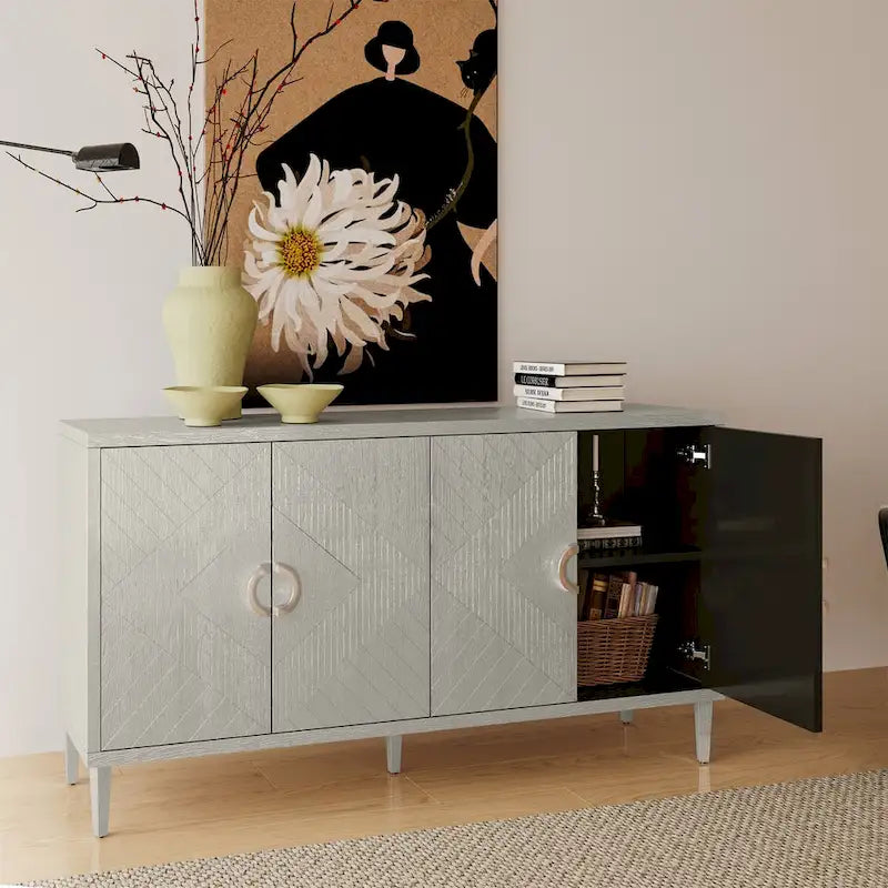 4-türiges MDF-Sideboard-Buffet mit Türen mit skulpturierten Paneelen, Blau/Grau