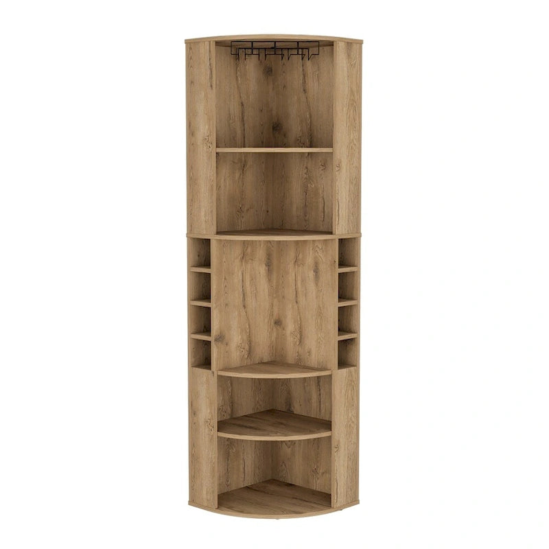 Corner Bar Cabinet with Open Shelves and Wine Glass Rack, Beige