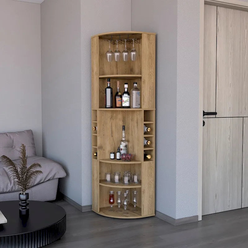 Corner Bar Cabinet with Open Shelves and Wine Glass Rack, Beige