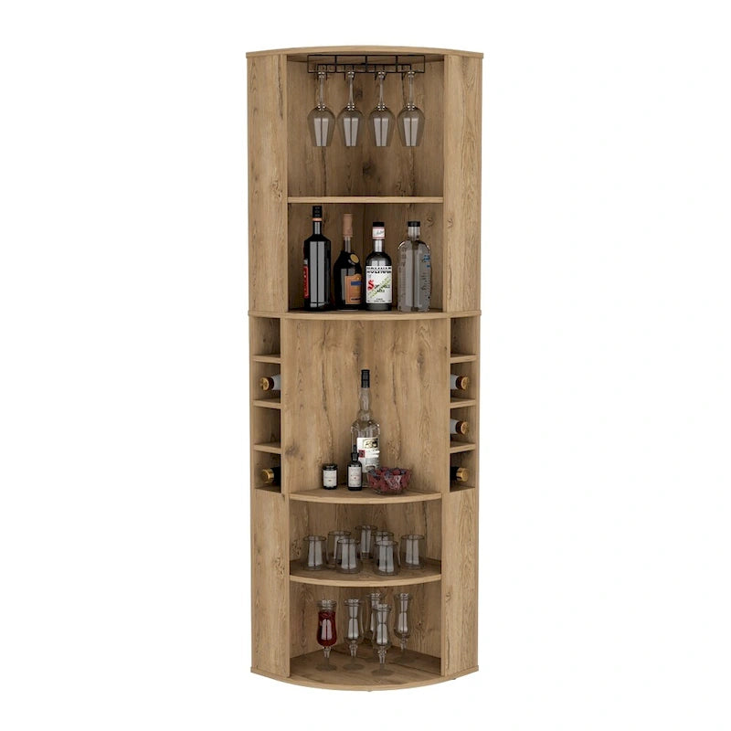 Corner Bar Cabinet with Open Shelves and Wine Glass Rack, Beige