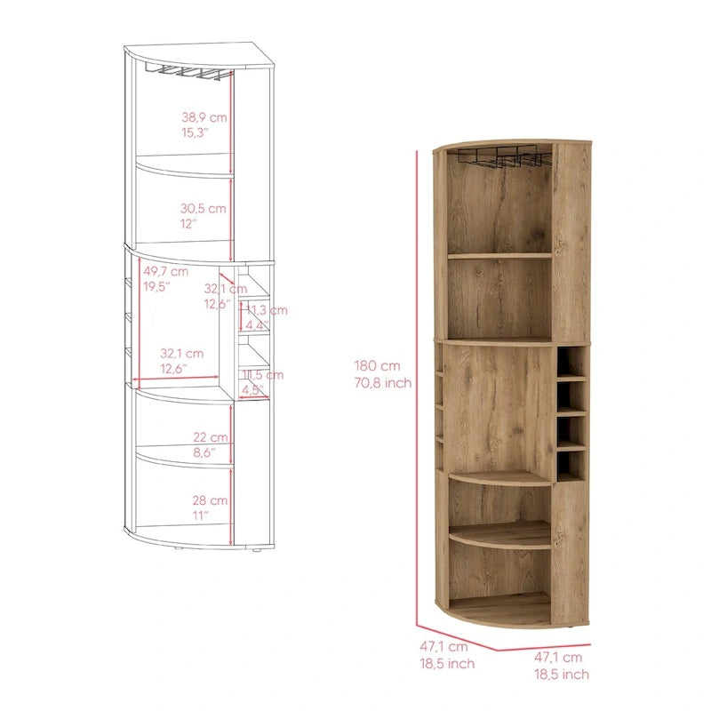 Corner Bar Cabinet with Open Shelves and Wine Glass Rack, Beige