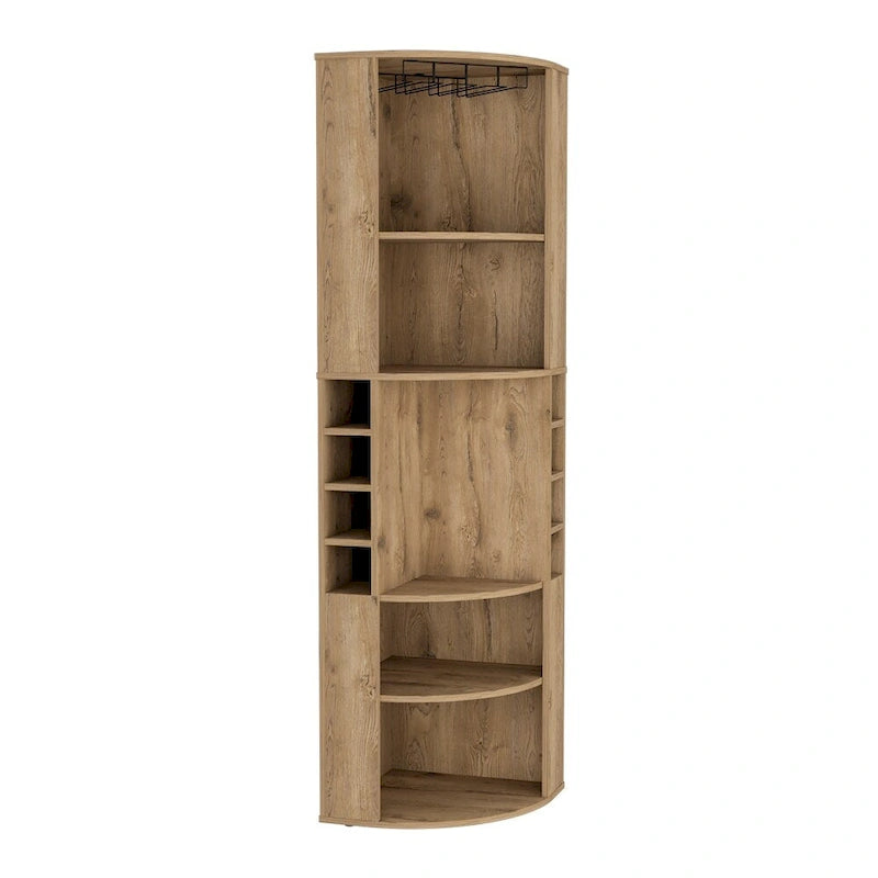 Corner Bar Cabinet with Open Shelves and Wine Glass Rack, Beige