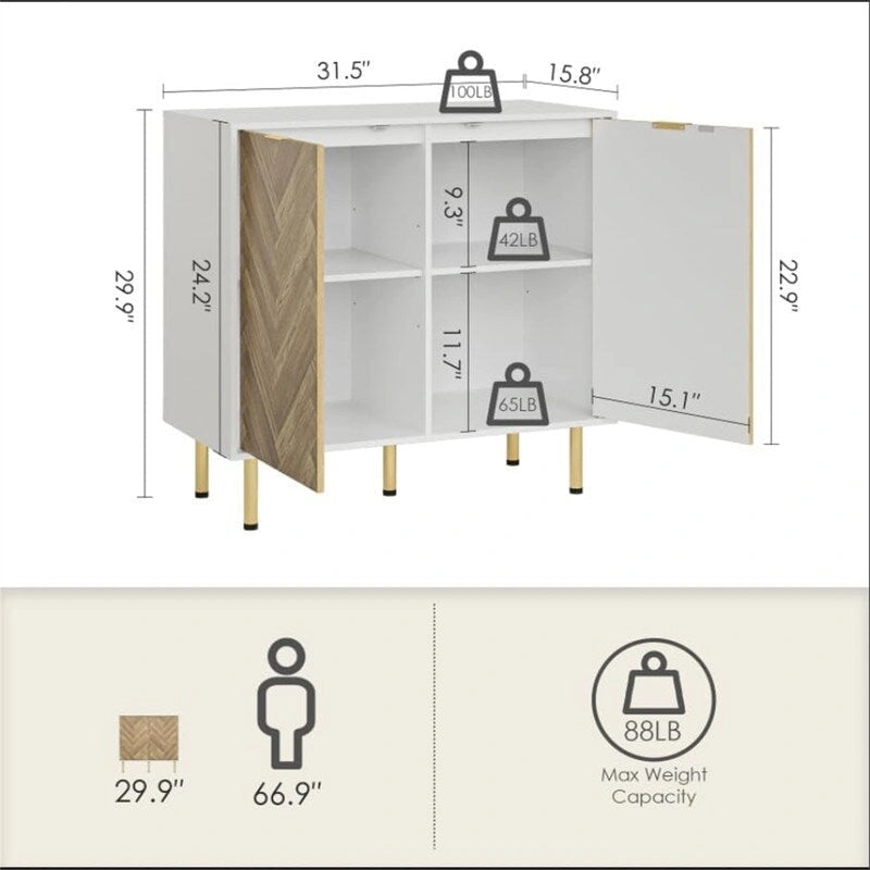 Weißes freistehendes Sideboard mit Fischgrätmuster, 2 Türen und goldfarbenen Metallbeinen