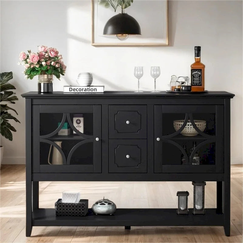 Black Wood Sideboard Buffet Cabinet with Tempered Glass Doors, Drawers and Open Bottom Shelf
