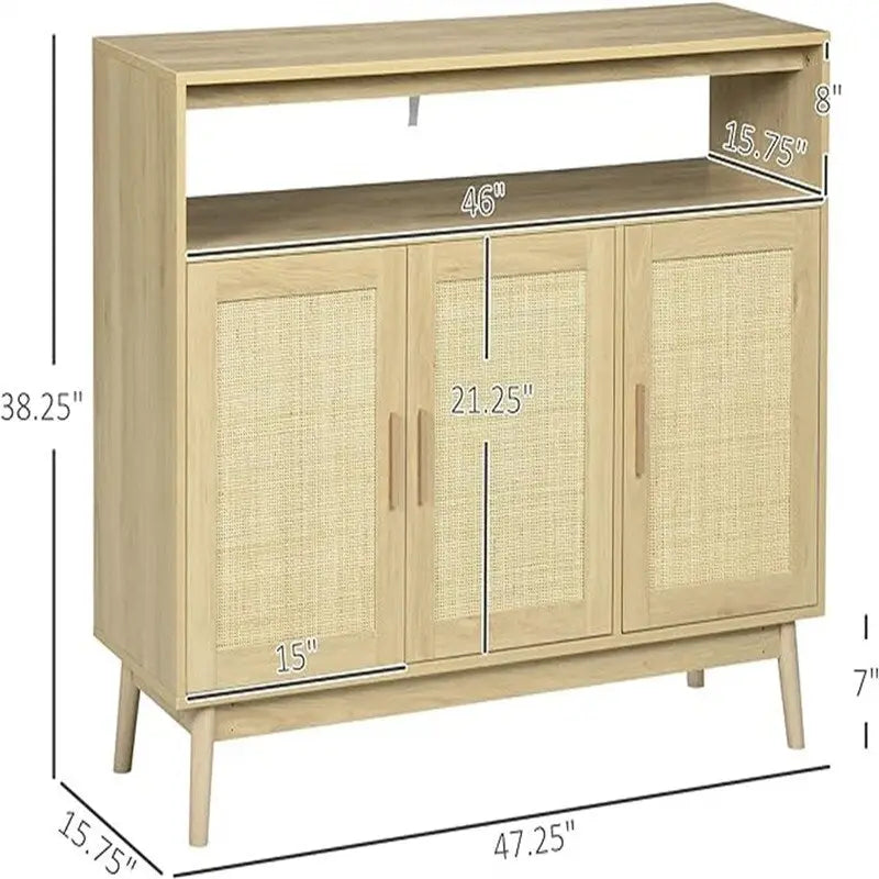 Boho-Sideboard mit Rattantüren, offenem Fach und natürlicher Oberfläche