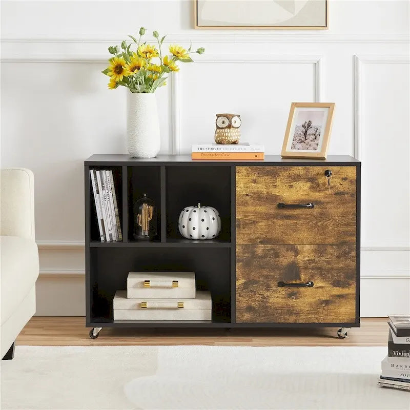 Rolling File Cabinet with 2 Drawers and Open Shelves Black Rustic Brown