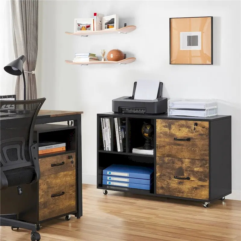 Rolling File Cabinet with 2 Drawers and Open Shelves Black Rustic Brown