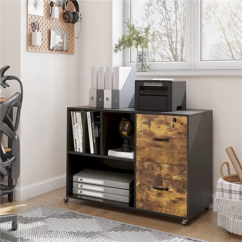 Rolling File Cabinet with 2 Drawers and Open Shelves Black Rustic Brown