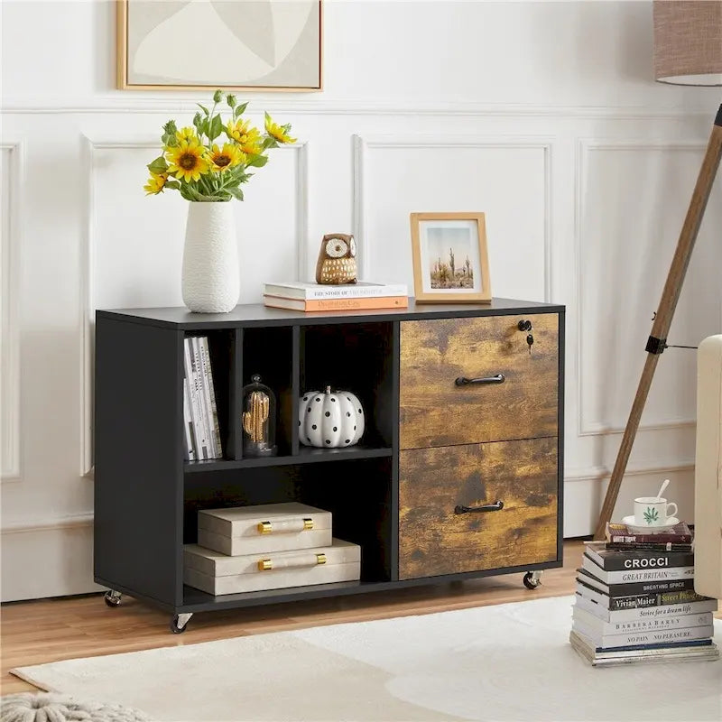 Rolling File Cabinet with 2 Drawers and Open Shelves Black Rustic Brown