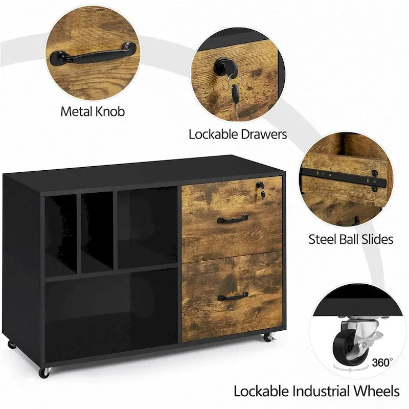 Rolling File Cabinet with 2 Drawers and Open Shelves Black Rustic Brown
