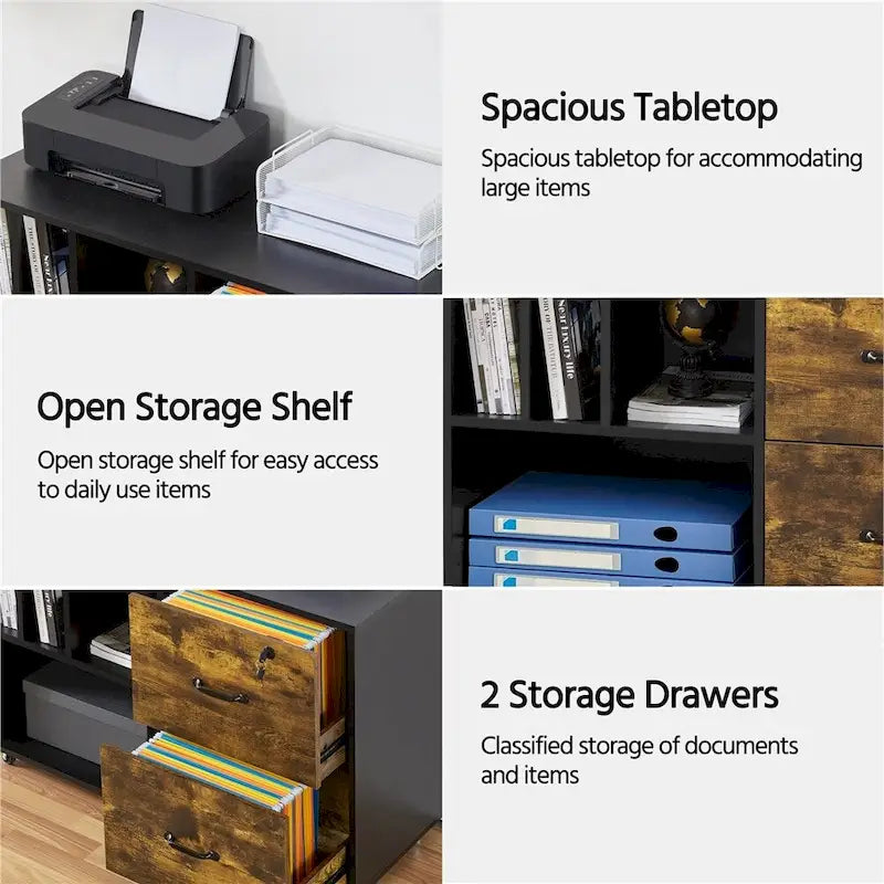 Rolling File Cabinet with 2 Drawers and Open Shelves Black Rustic Brown