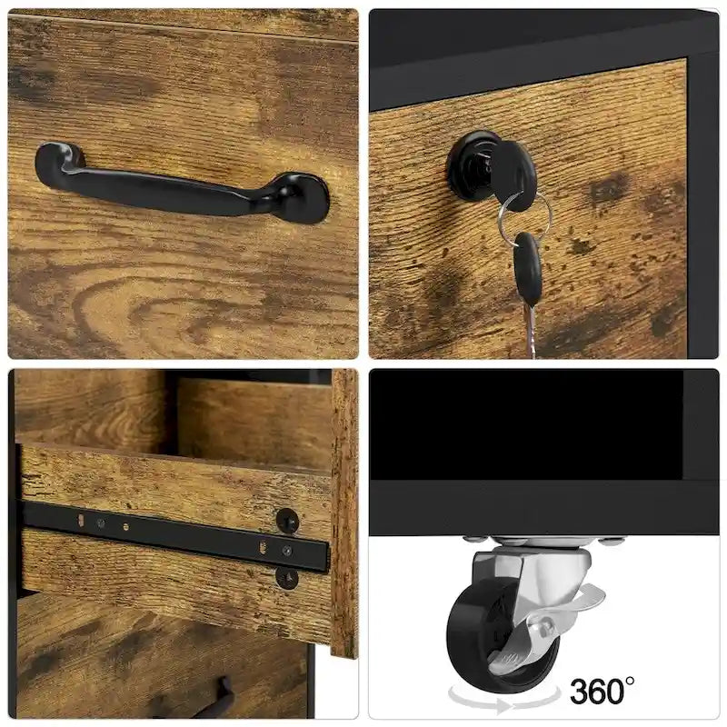 Rolling File Cabinet with 2 Drawers and Open Shelves Black Rustic Brown