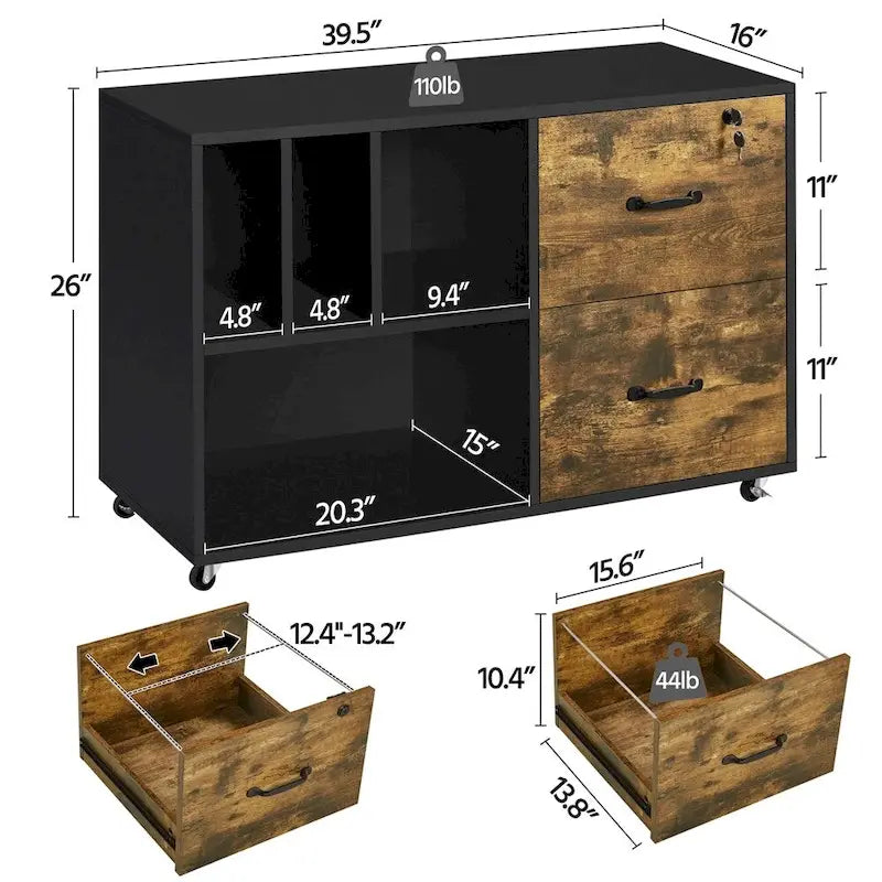 Rolling File Cabinet with 2 Drawers and Open Shelves Black Rustic Brown