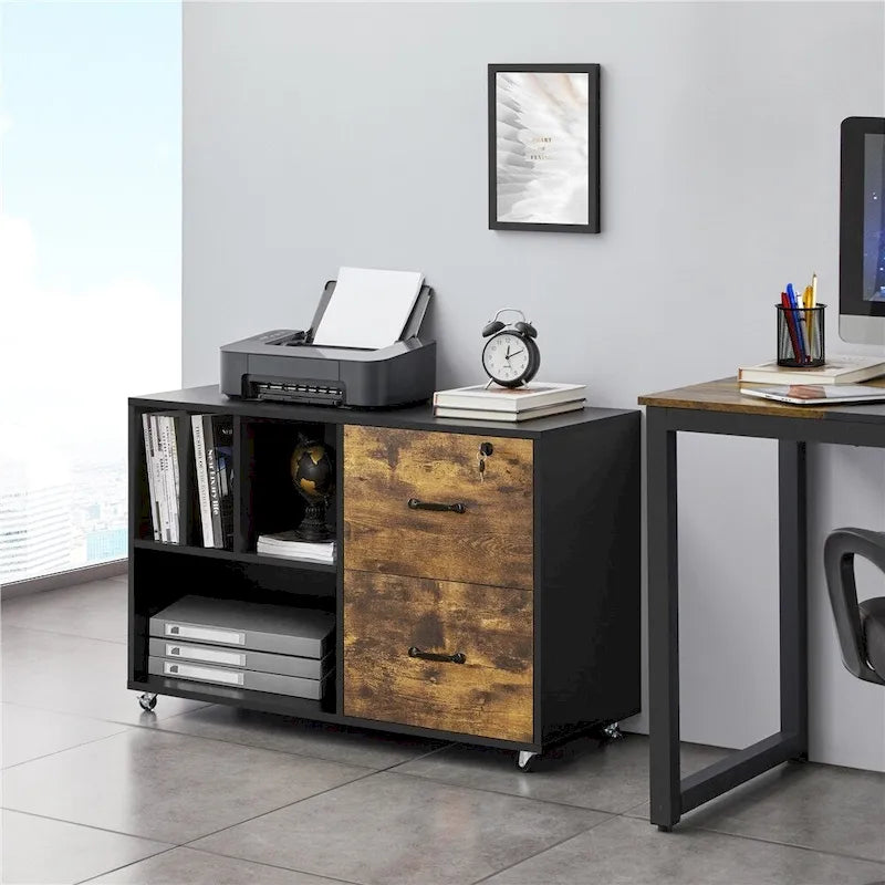 Rolling File Cabinet with 2 Drawers and Open Shelves Black Rustic Brown