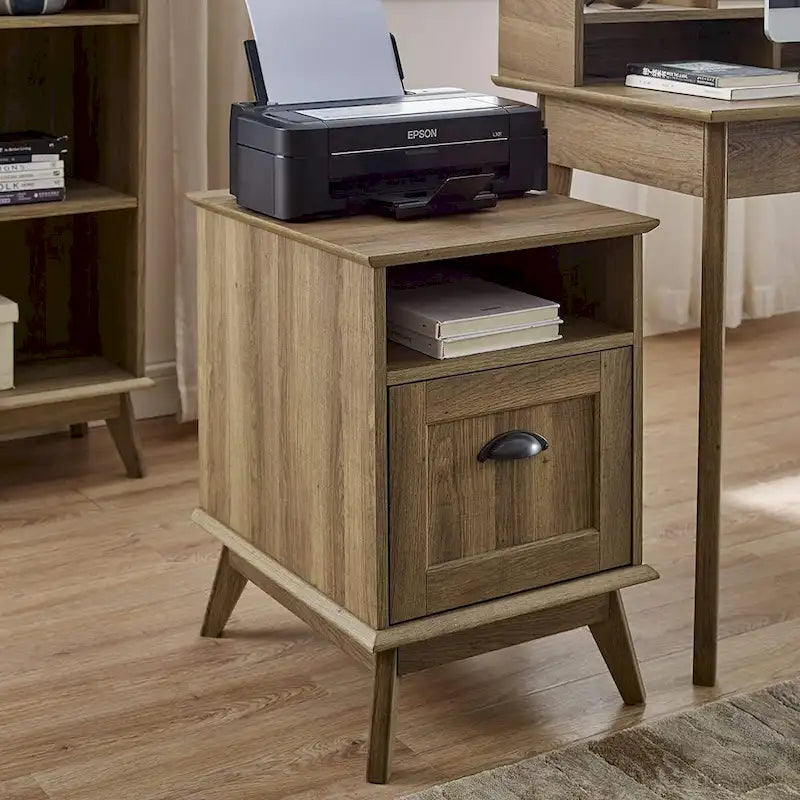 Moderne Holz-Aktenkommode im Mid-Century-Stil mit offenem Fach und Schublade