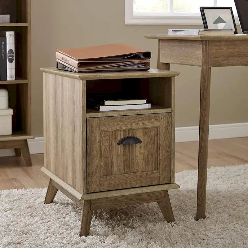 Moderne Holz-Aktenkommode im Mid-Century-Stil mit offenem Fach und Schublade