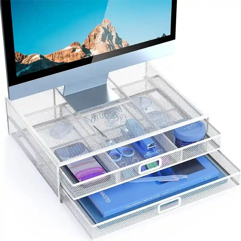 Metal Mesh Monitor Stand with Dual Drawers Desktop Organizer Black White