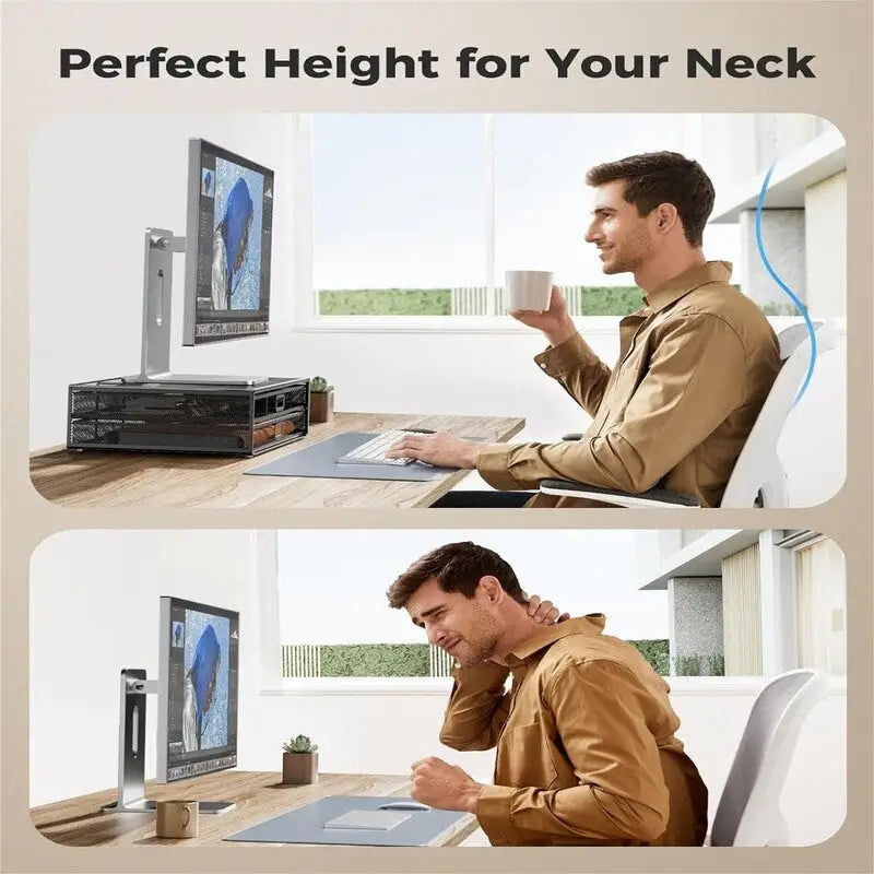Metal Mesh Monitor Stand with Dual Drawers Desktop Organizer Black White