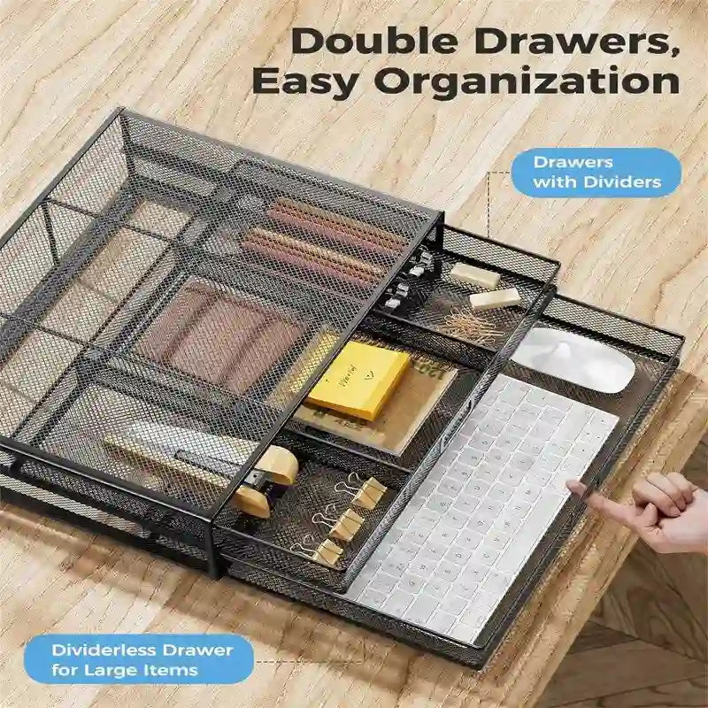 Metal Mesh Monitor Stand with Dual Drawers Desktop Organizer Black White