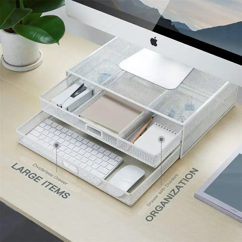 Metal Mesh Monitor Stand with Dual Drawers Desktop Organizer Black White
