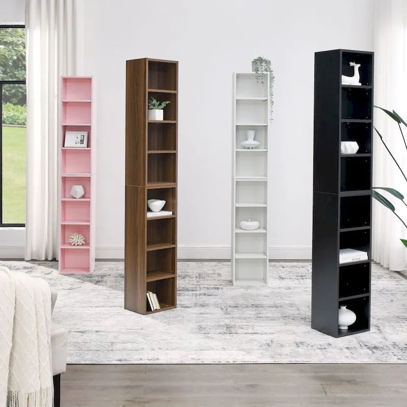 Schmaler, 8-stufiger offener Regal-Turmschrank zur Aufbewahrung, walnussfarben und rosa