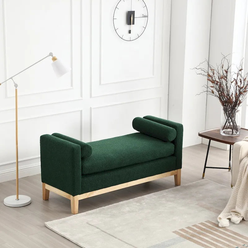 Fluted Wood Base Boucle Upholstered Bench with Bolster Pillows, Multi-Color