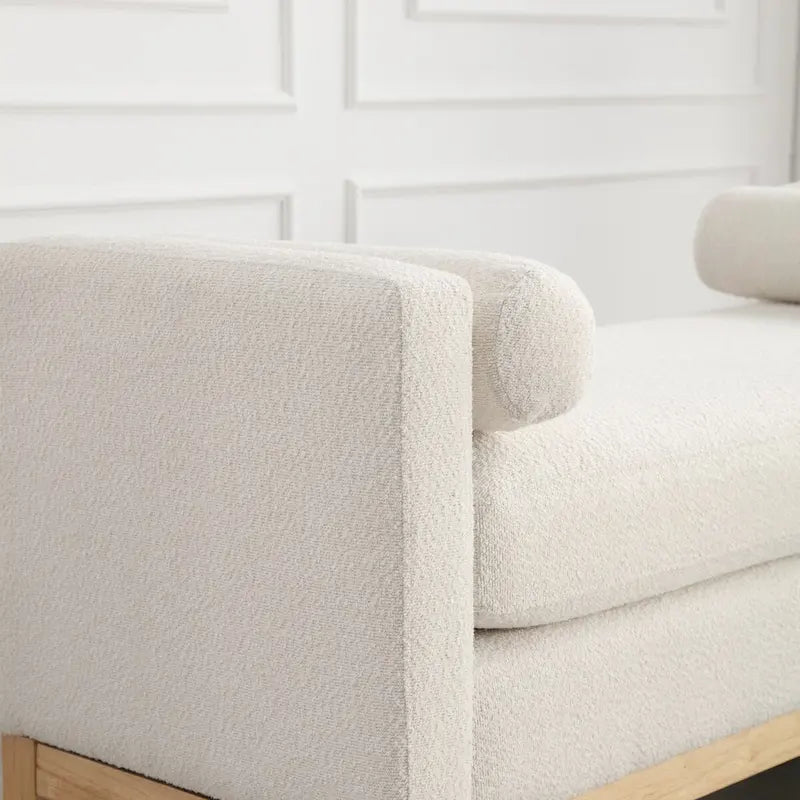 Fluted Wood Base Boucle Upholstered Bench with Bolster Pillows, Multi-Color