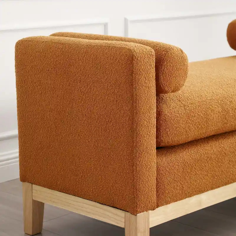 Fluted Wood Base Boucle Upholstered Bench with Bolster Pillows, Multi-Color