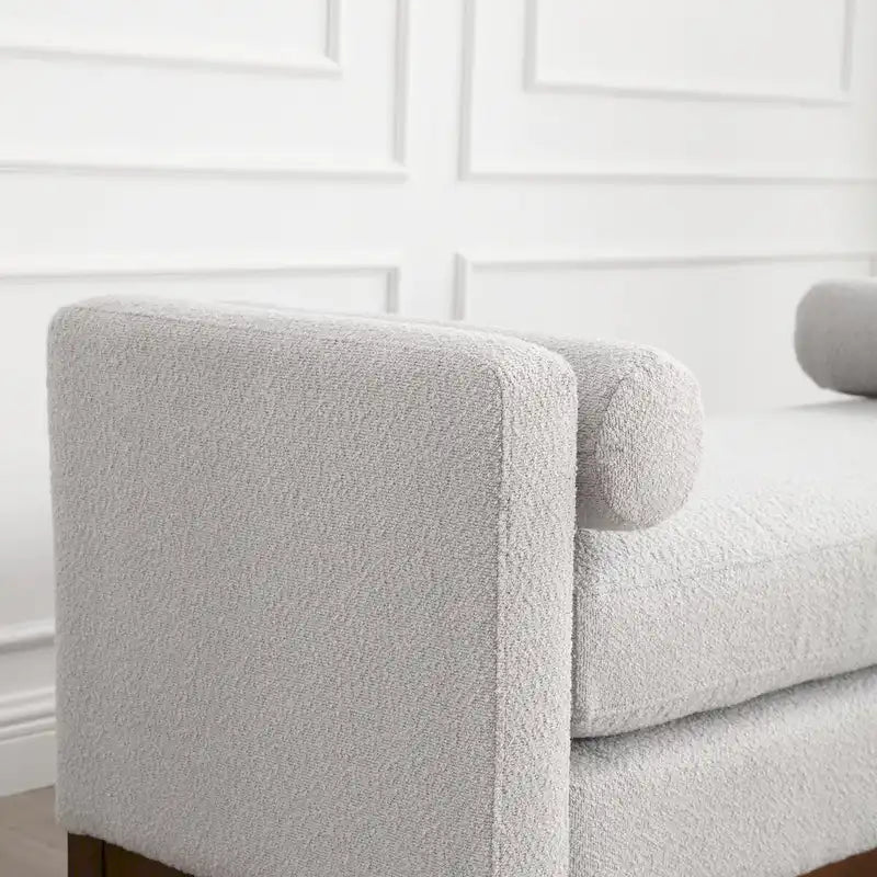 Fluted Wood Base Boucle Upholstered Bench with Bolster Pillows, Multi-Color