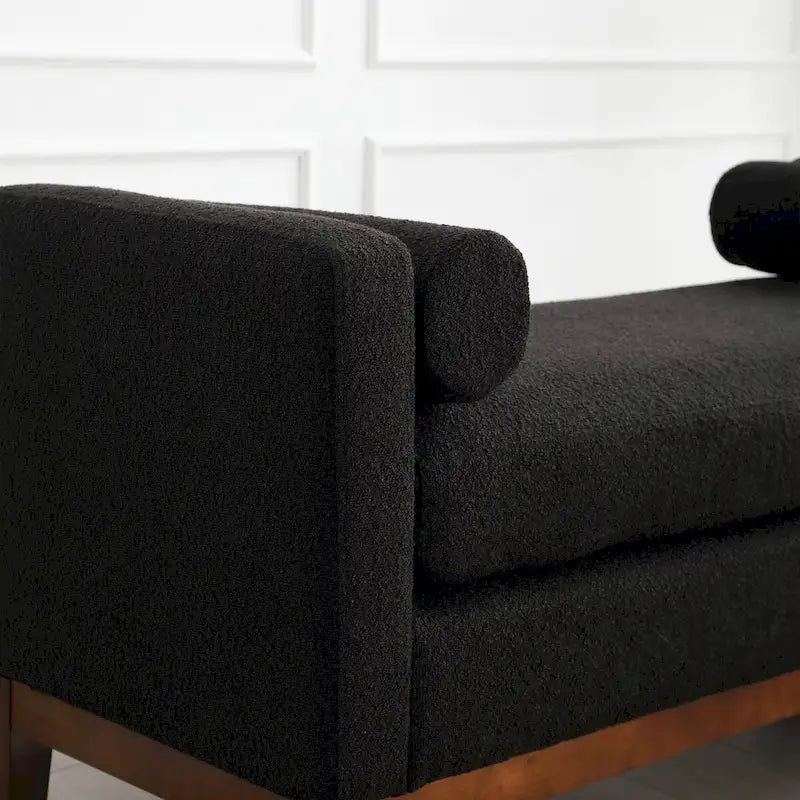 Fluted Wood Base Boucle Upholstered Bench with Bolster Pillows, Multi-Color