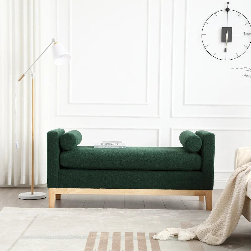 Fluted Wood Base Boucle Upholstered Bench with Bolster Pillows, Multi-Color