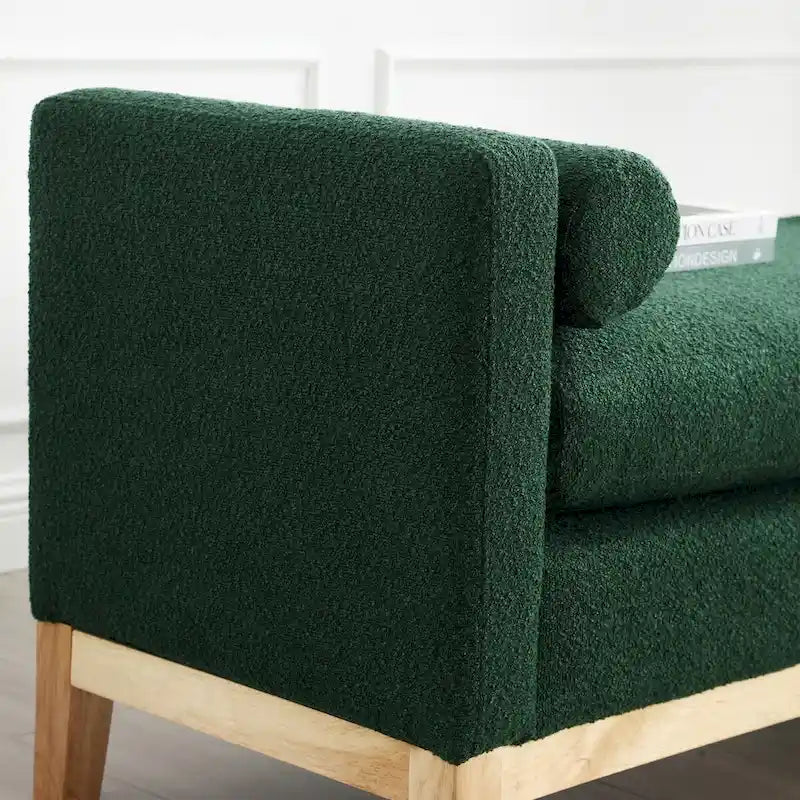 Fluted Wood Base Boucle Upholstered Bench with Bolster Pillows, Multi-Color