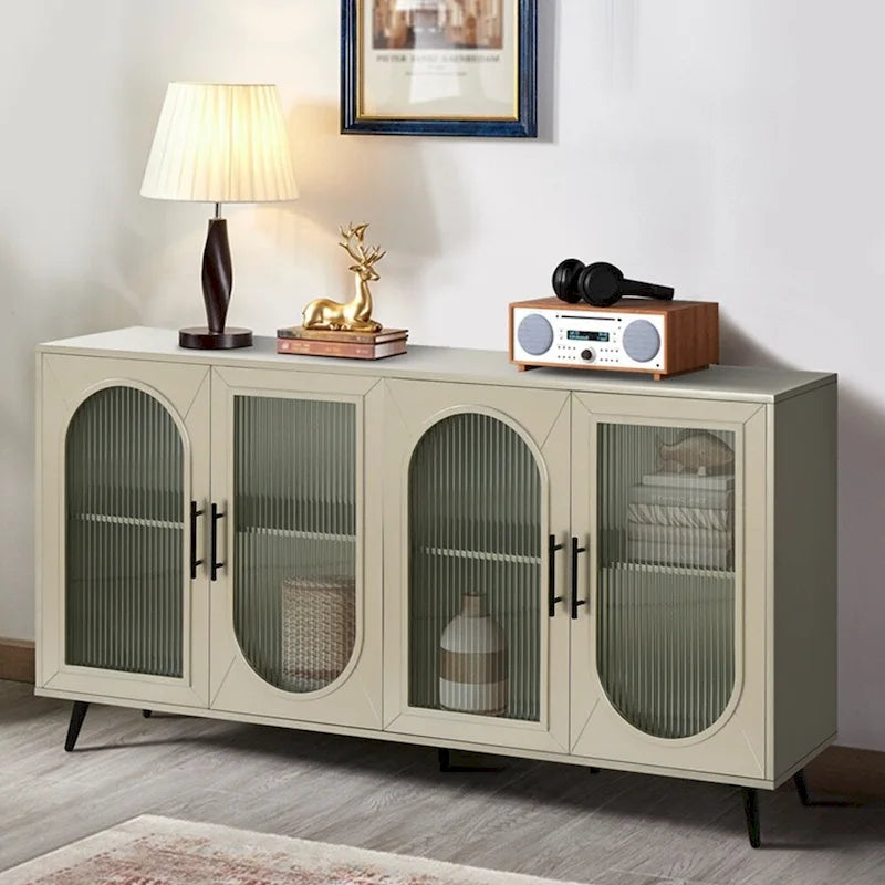 4-Door Fluted Glass Sideboard Buffet Cabinet with Adjustable Shelves, White