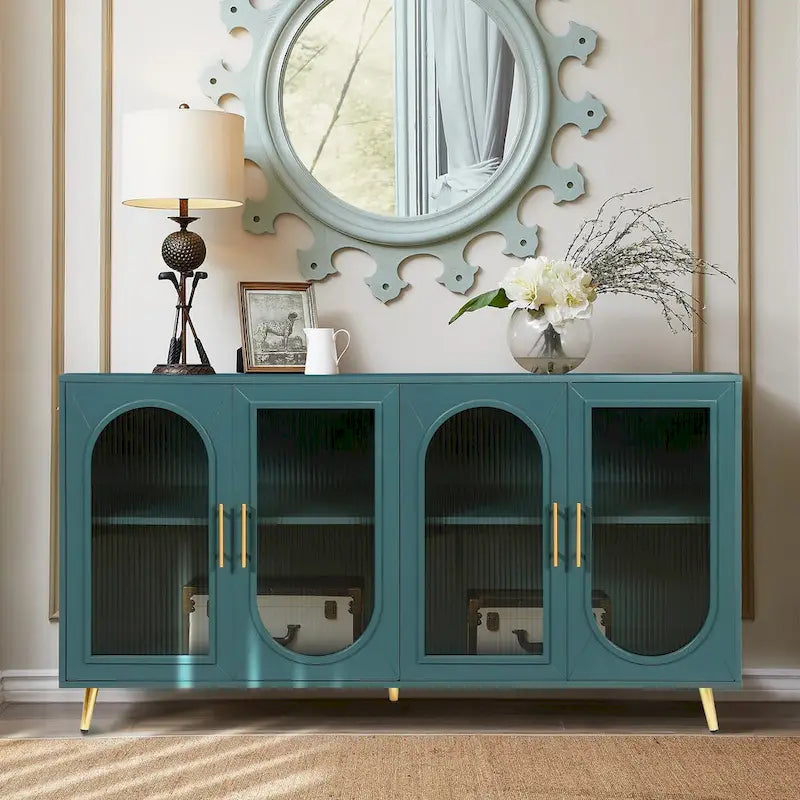 4-Door Fluted Glass Sideboard Buffet Cabinet with Adjustable Shelves, White