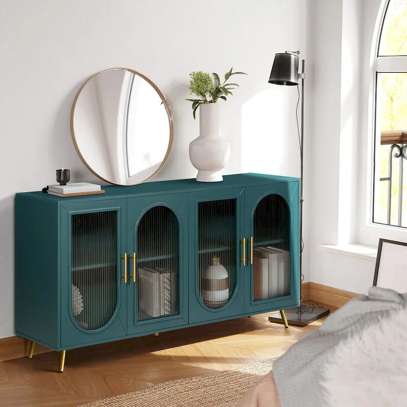 4-Door Fluted Glass Sideboard Buffet Cabinet with Adjustable Shelves, White