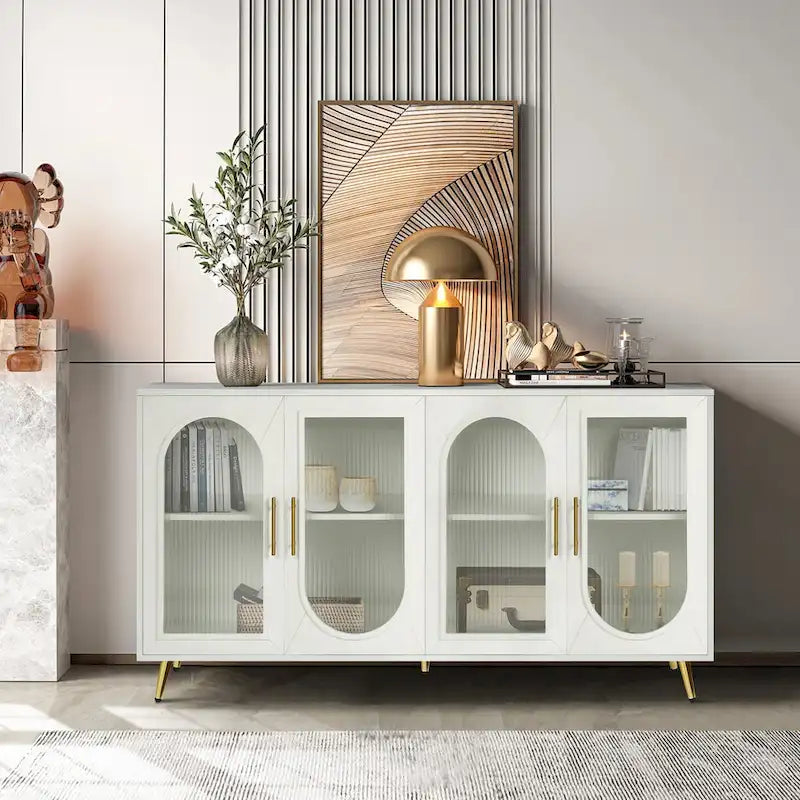 4-Door Fluted Glass Sideboard Buffet Cabinet with Adjustable Shelves, White