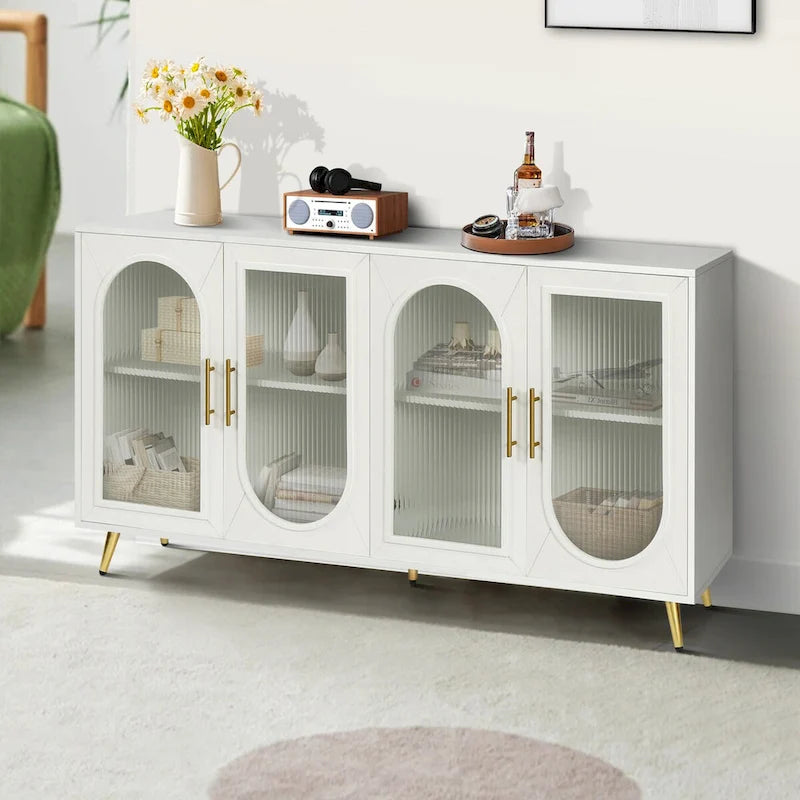 4-Door Fluted Glass Sideboard Buffet Cabinet with Adjustable Shelves, White