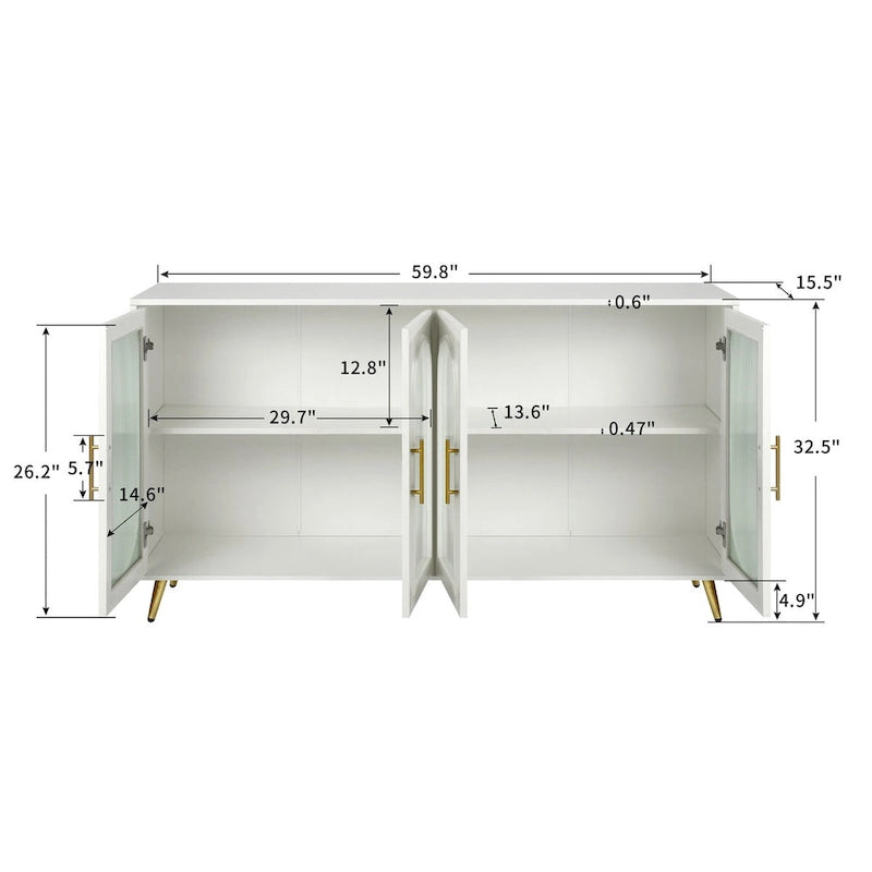 4-Door Fluted Glass Sideboard Buffet Cabinet with Adjustable Shelves, White