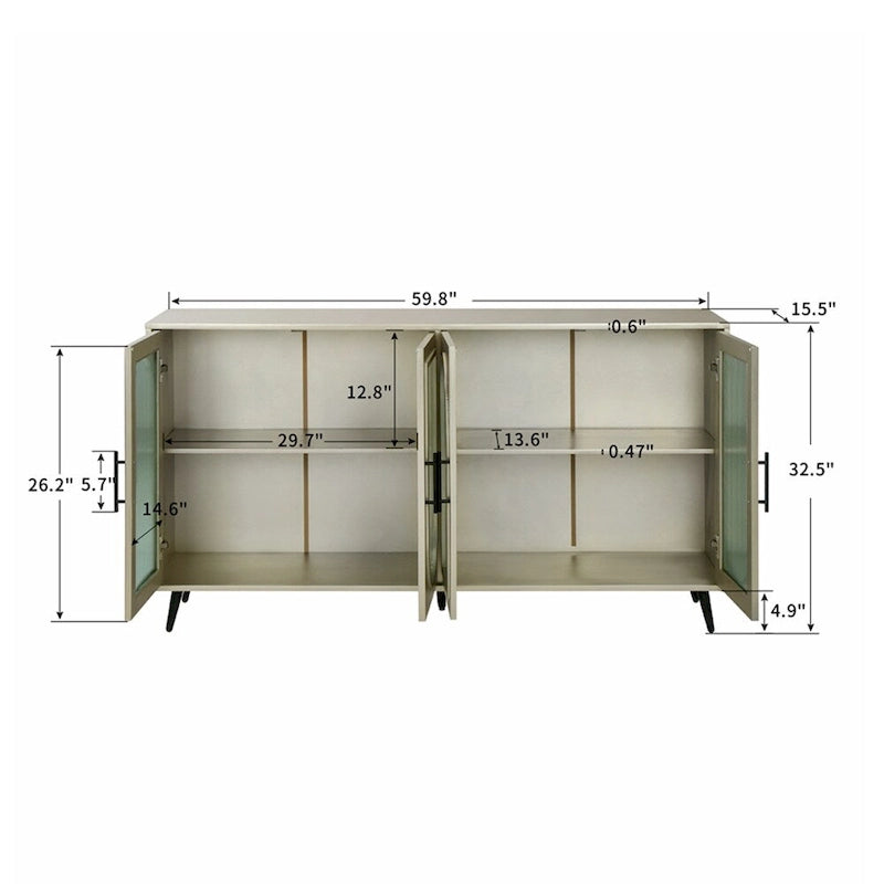 4-Door Fluted Glass Sideboard Buffet Cabinet with Adjustable Shelves, White